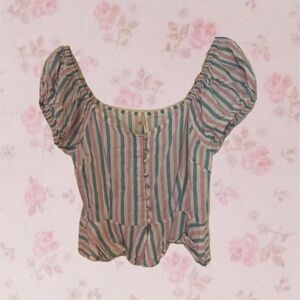 Pink and Blue True Destiny Striped Puff Sleeve Blouse
